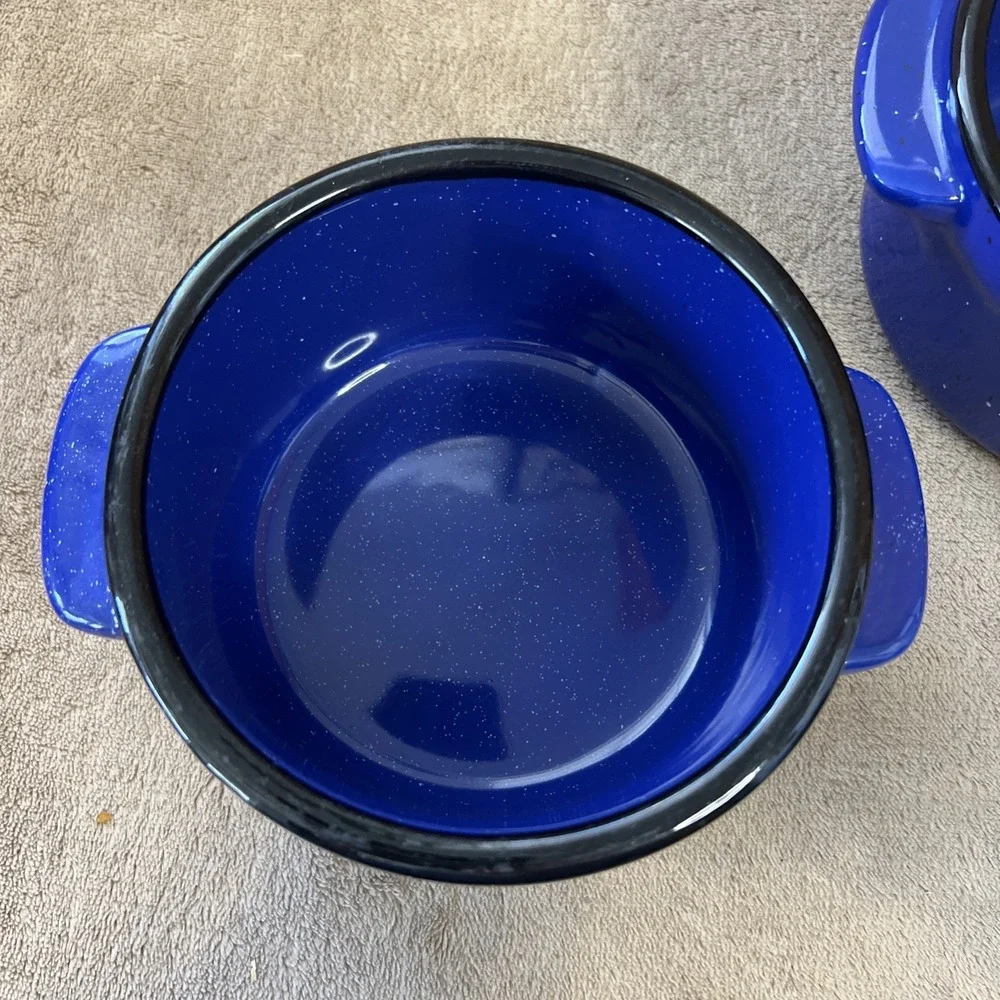 Von Pok & Chang Royal Blue Soup Bowls Stoneware‎ w/Black Rim Set of 2